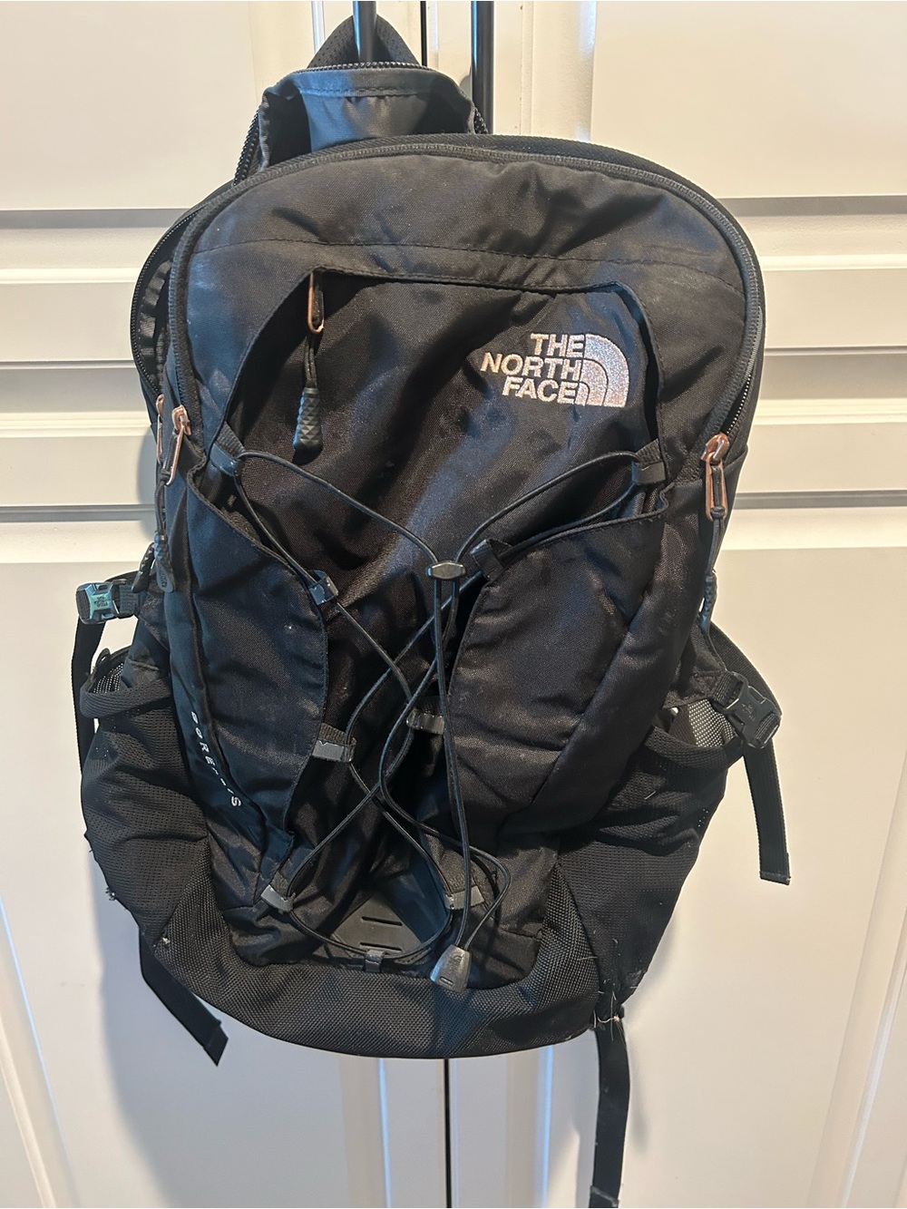 The North Face Black with Rose Gold details backpack with Bungee Front